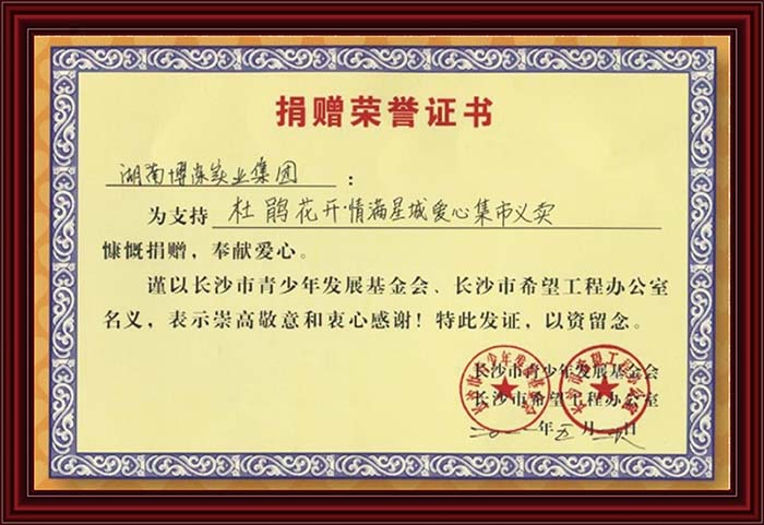 湖南博深实业集团捐赠荣誉证书（长沙市青少年发展基金会 长沙市希望工程办公室）